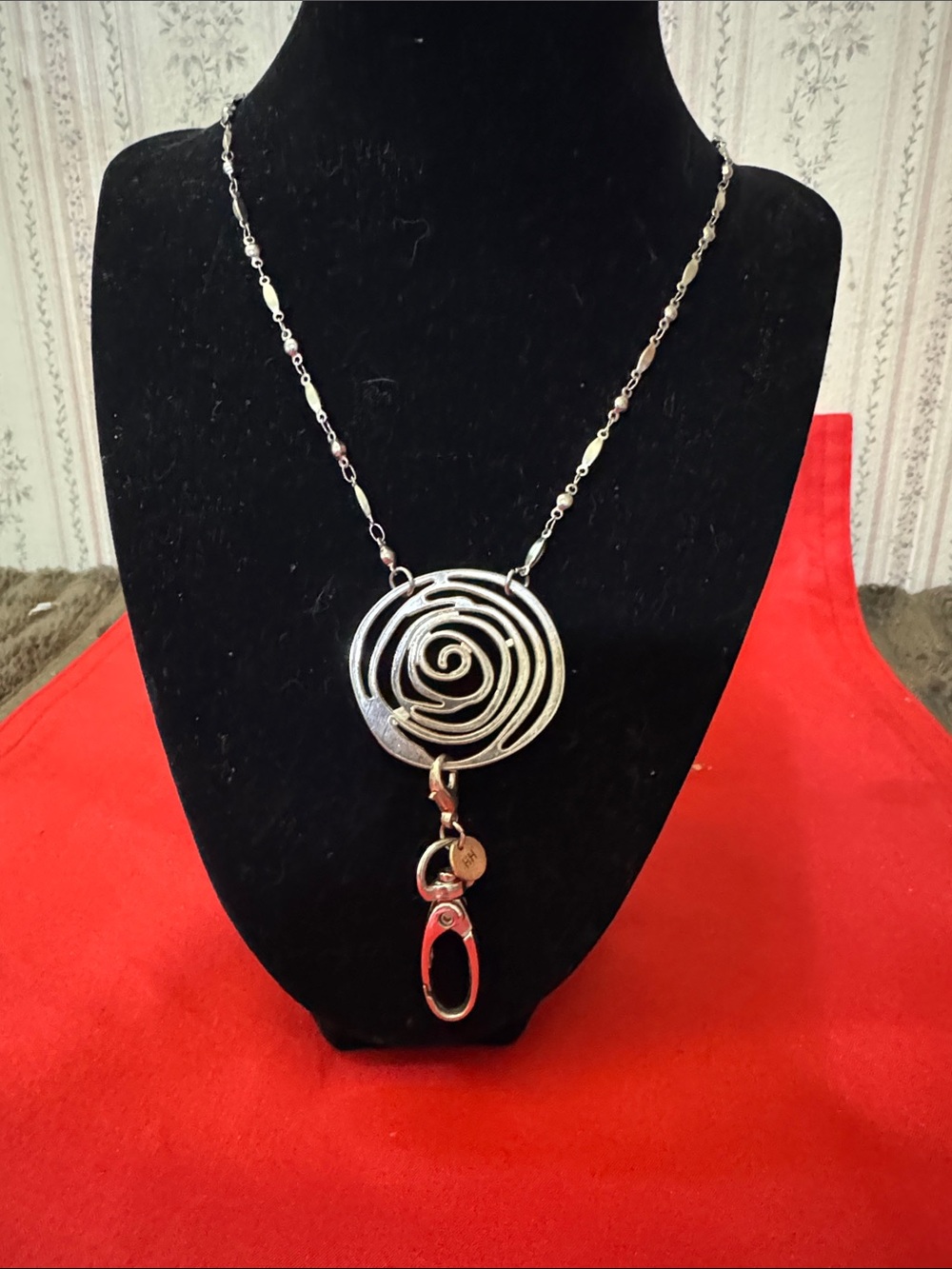 Silver Tone Spiral Pendant ID BADGE HOLDER Necklace